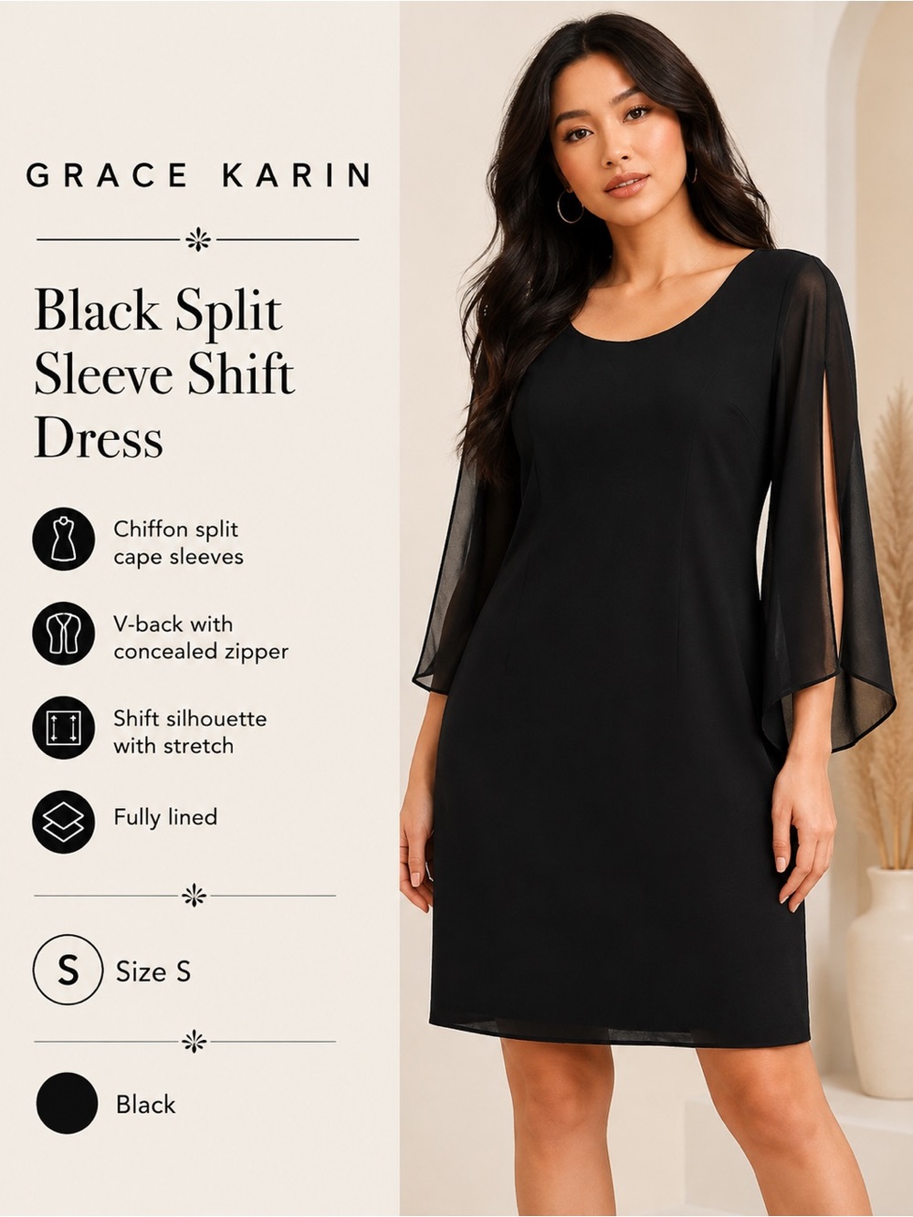 Grace Karin Black Chiffon Split Sleeve Shift Dress Size S NWT